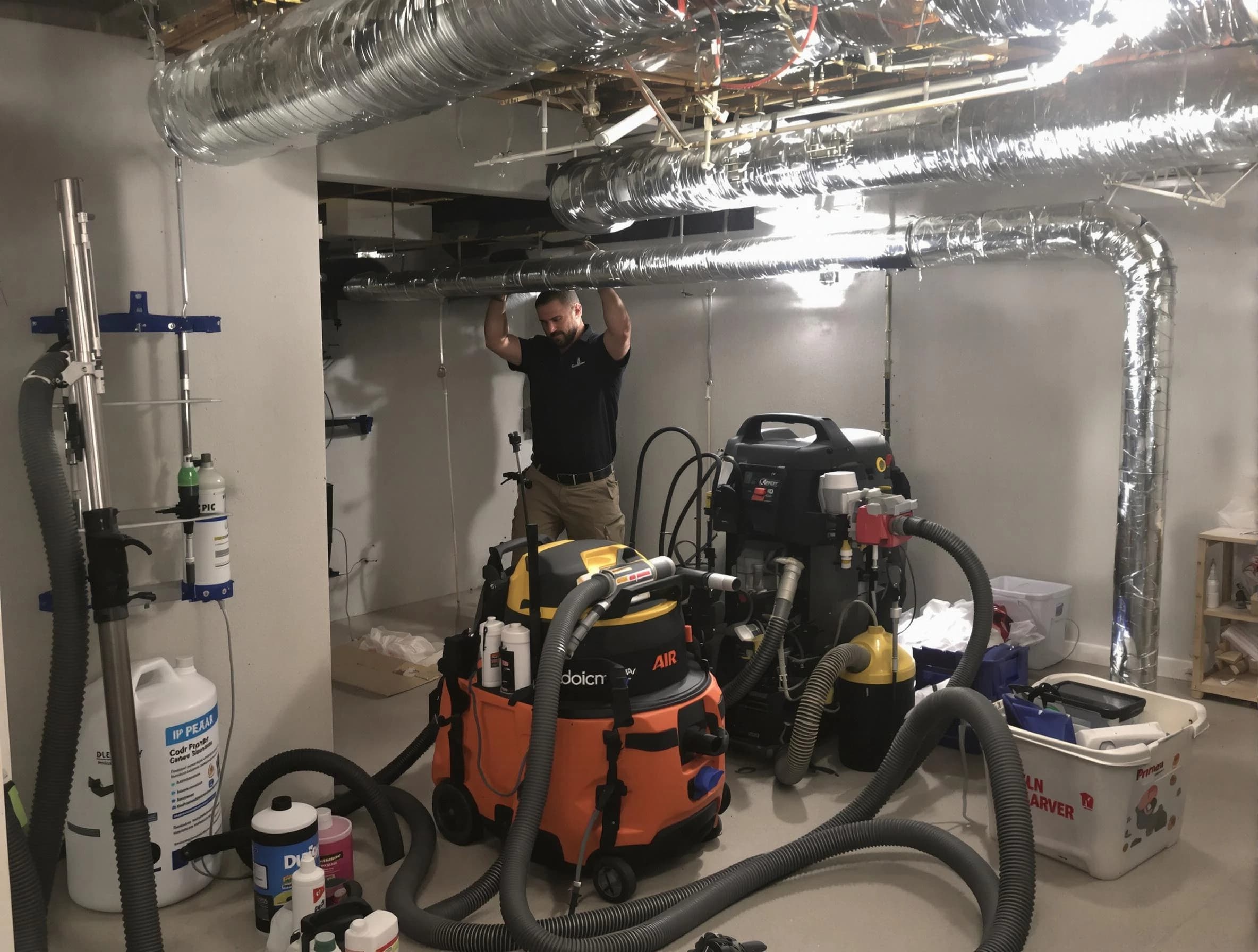 Warrior Air Duct Cleaning specialist performing professional mold removal from air ducts using safety equipment in Warrior