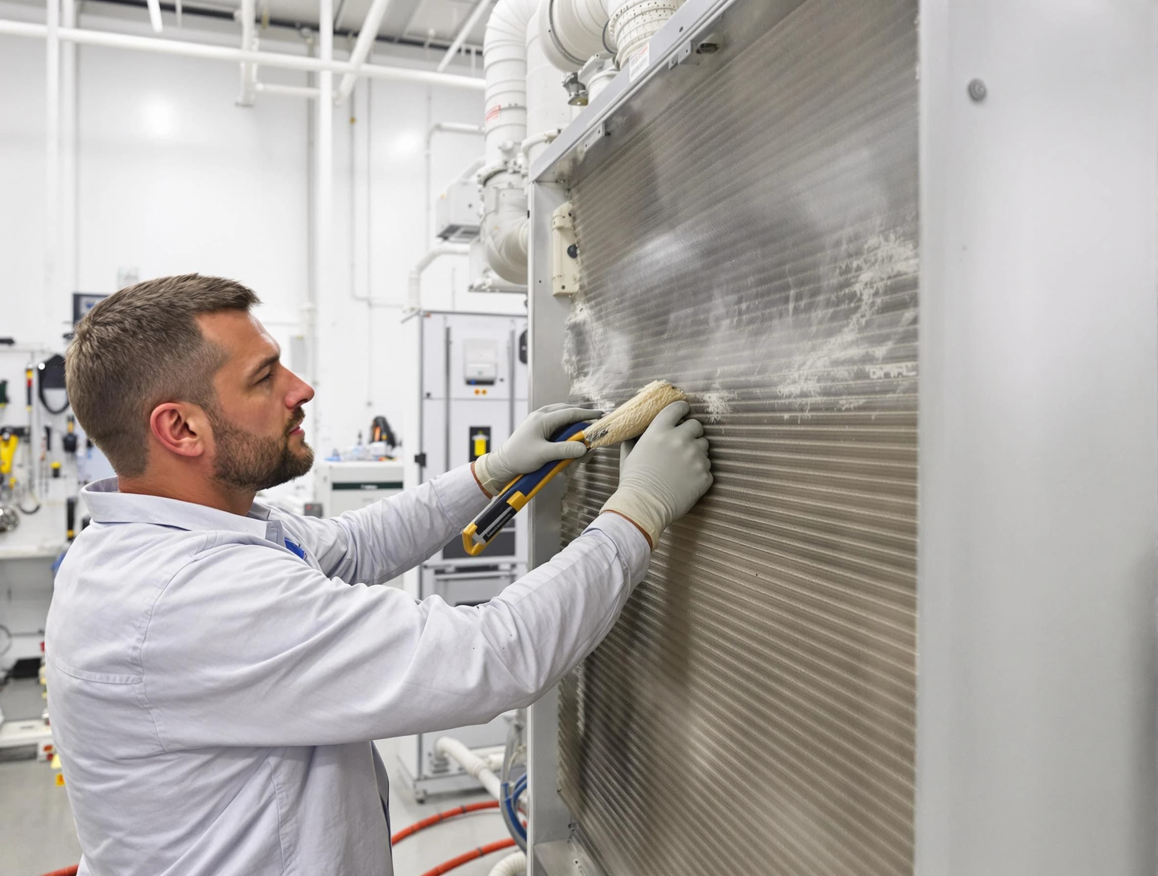 Warrior Air Duct Cleaning technician performing precision commercial coil cleaning at a Warrior business