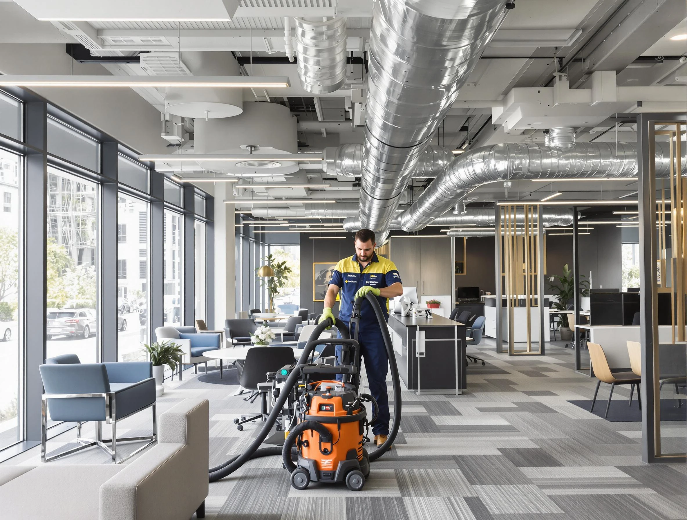 Warrior Air Duct Cleaning team performing thorough commercial duct cleaning at a Warrior business center