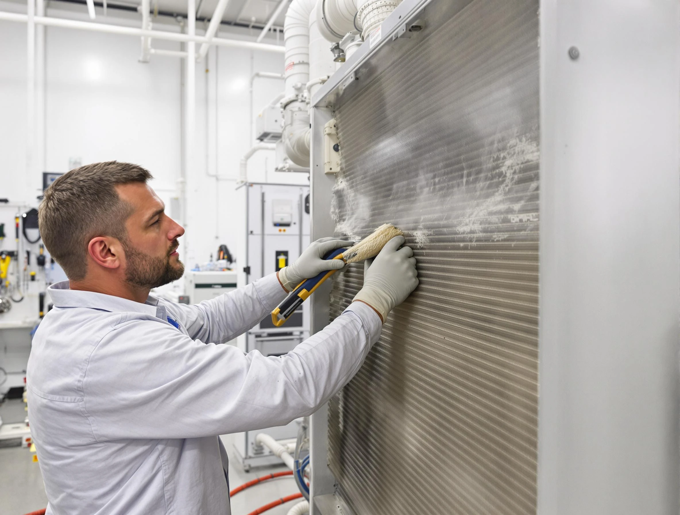 Warrior Air Duct Cleaning technician performing precision commercial coil cleaning at a Warrior business